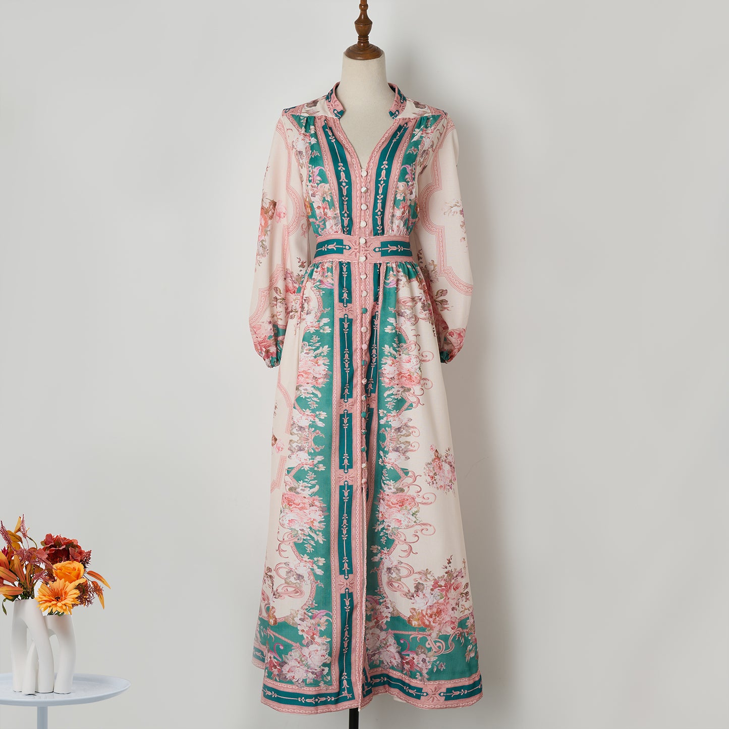 Robe longue à manches longues pour femmes, tenue de vacances élégante, imprimée, simple boutonnage, Style rétro