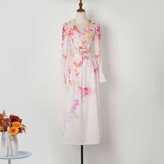 Robe mi-longue pour femmes, col en V, manches trompette, imprimé fleur rose, élégante, ceinture de vacances