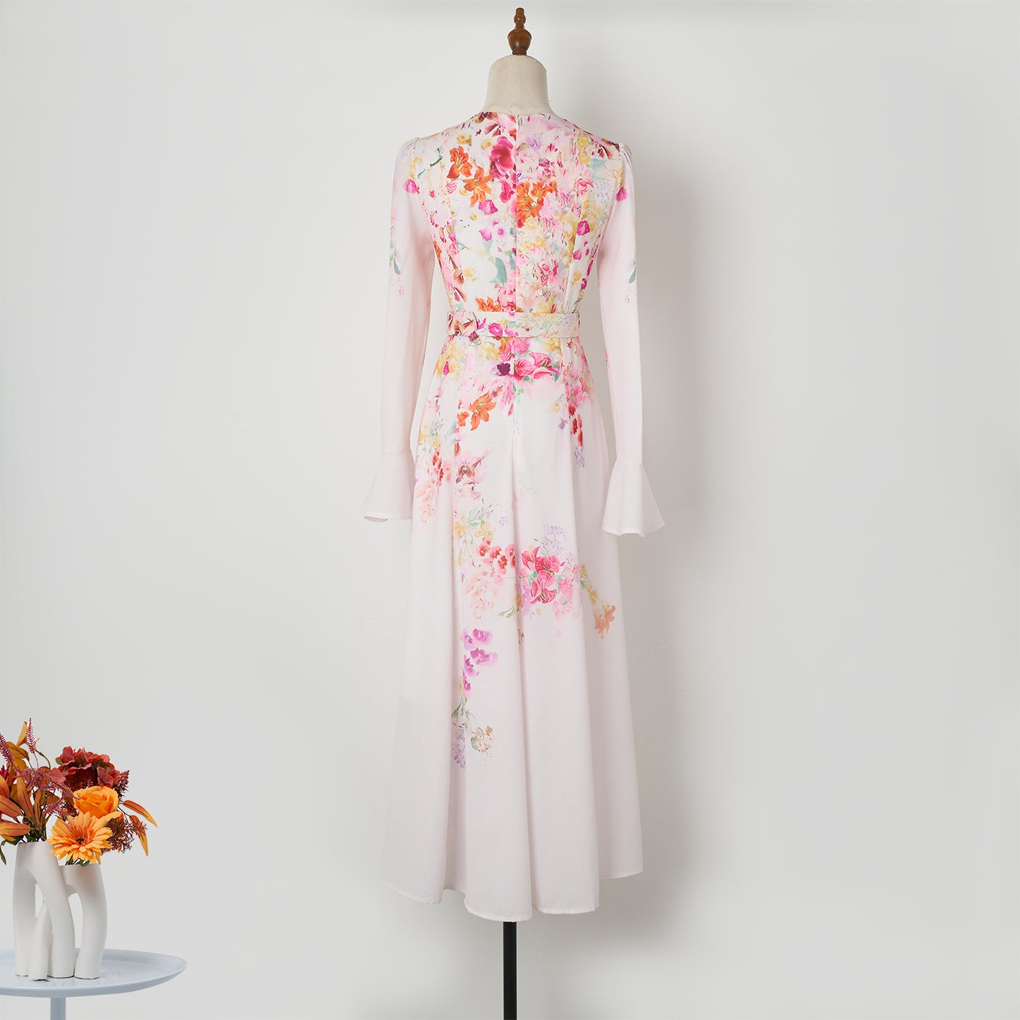 V Neck Trumpet Sleeve Pink Flower Print Mid Length Dress Women Elegant Women Holiday Belt