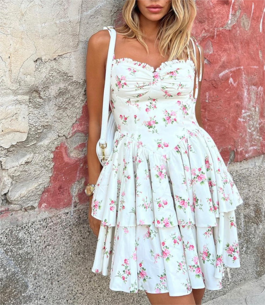 Vestido de tirantes con estampado floral blanco para mujer, vestido sexy de verano con cintura pura, ajustado y favorecedor de figura