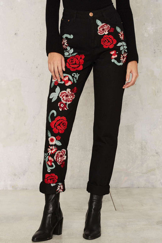 Ropa de mujer Pantalones vaqueros holgados de pierna recta con bordado de rosas de colores para mujer, tallas grandes disponibles a principios de primavera