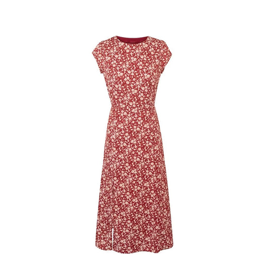 Robe mi-longue sexy dos nu à imprimé floral et col rond pour les vacances françaises