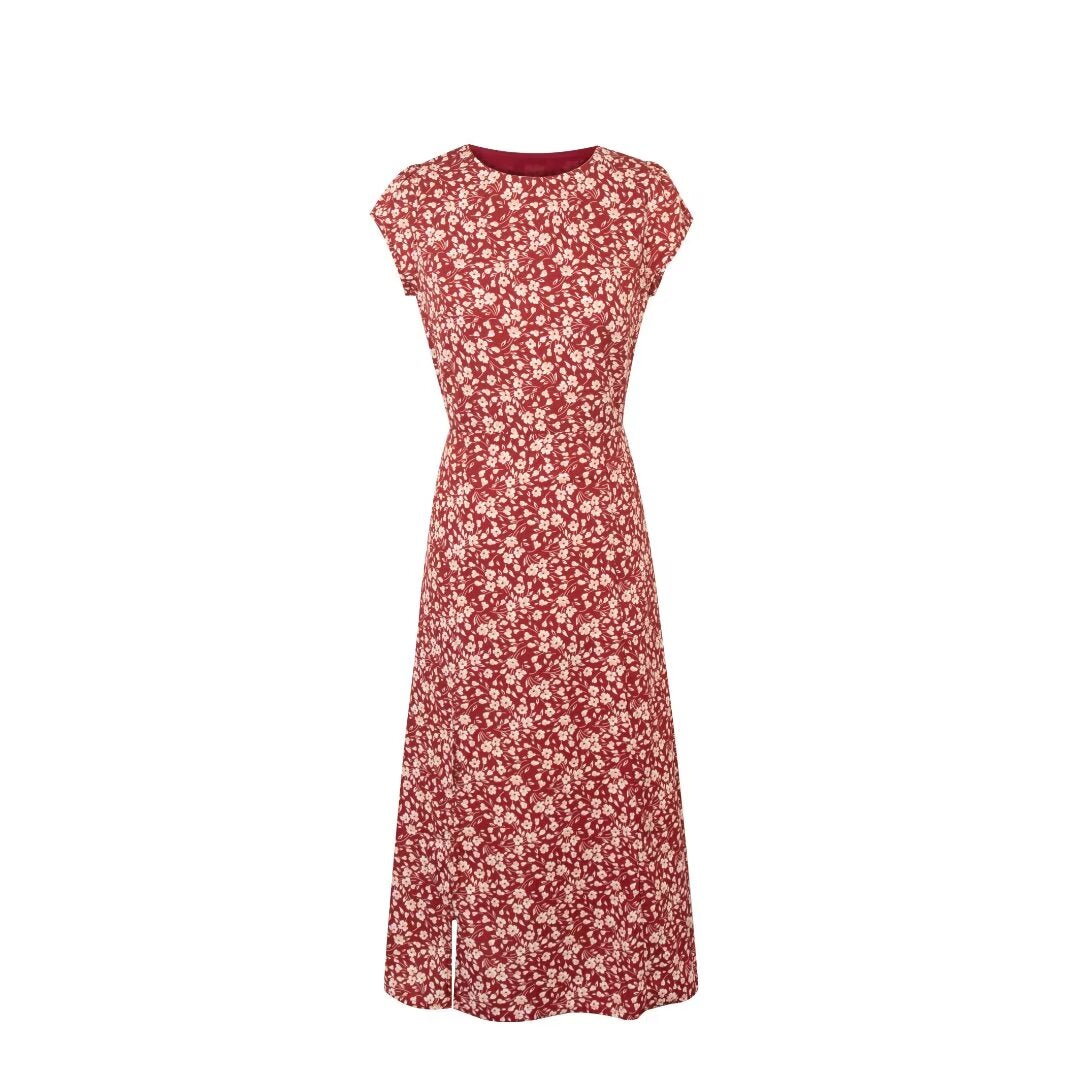 Robe mi-longue sexy dos nu à imprimé floral et col rond pour les vacances françaises