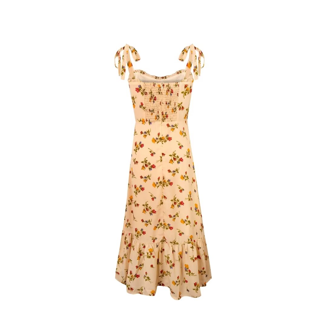 Robe caraco romantique en dentelle beige avec bretelles à imprimé floral pour fille française de printemps