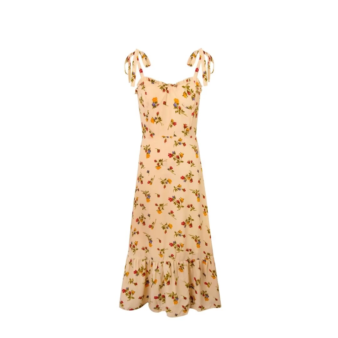 Robe caraco romantique en dentelle beige avec bretelles à imprimé floral pour fille française de printemps