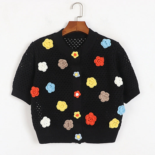 Cardigan à découpes florales en crochet à la main en trois dimensions, pull ample à manches courtes pour fille au début de l'été