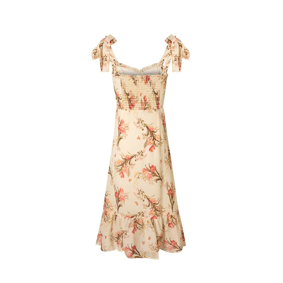 Robe camisole imprimée beige décontractée à texture printanière pour les vacances