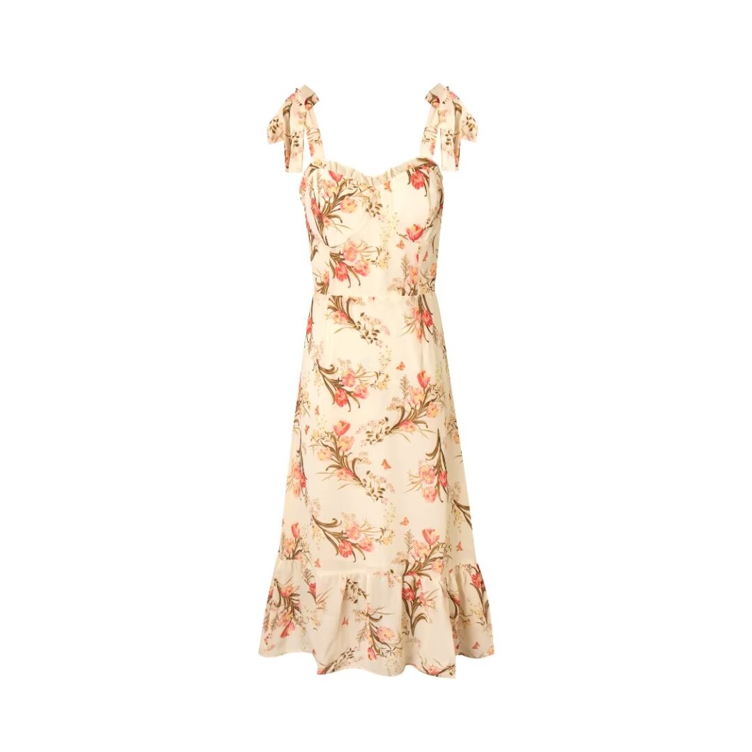 Robe camisole imprimée beige décontractée à texture printanière pour les vacances