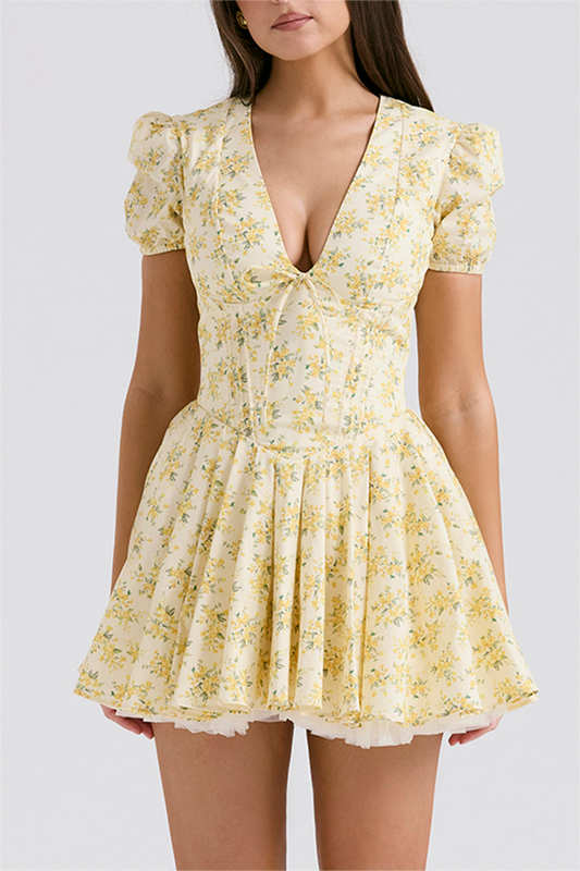 Robe d'été jaune douce à col en V et manches bouffantes pour femme, coupe A amincissante, taille basse