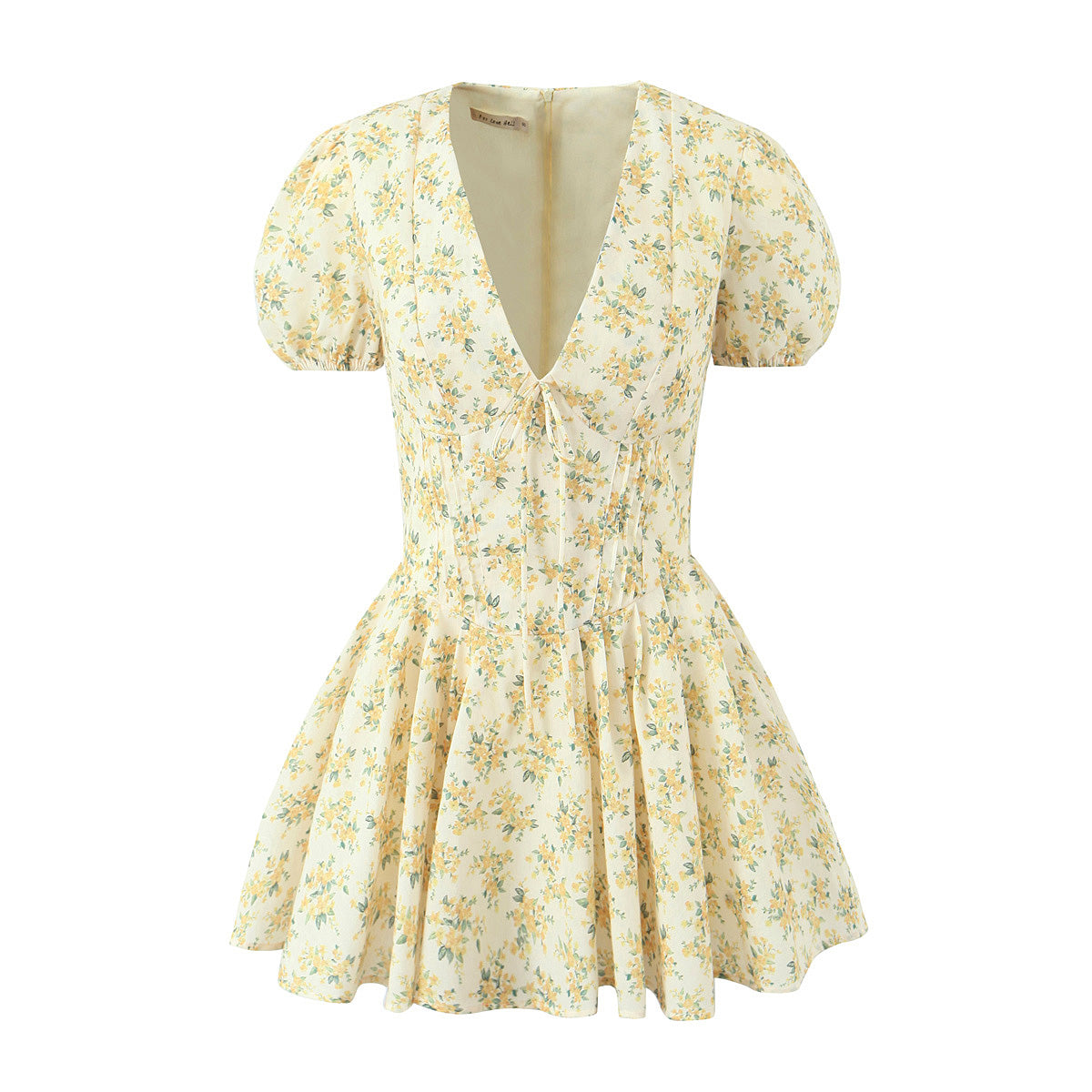 Robe d'été jaune douce à col en V et manches bouffantes pour femme, coupe A amincissante, taille basse