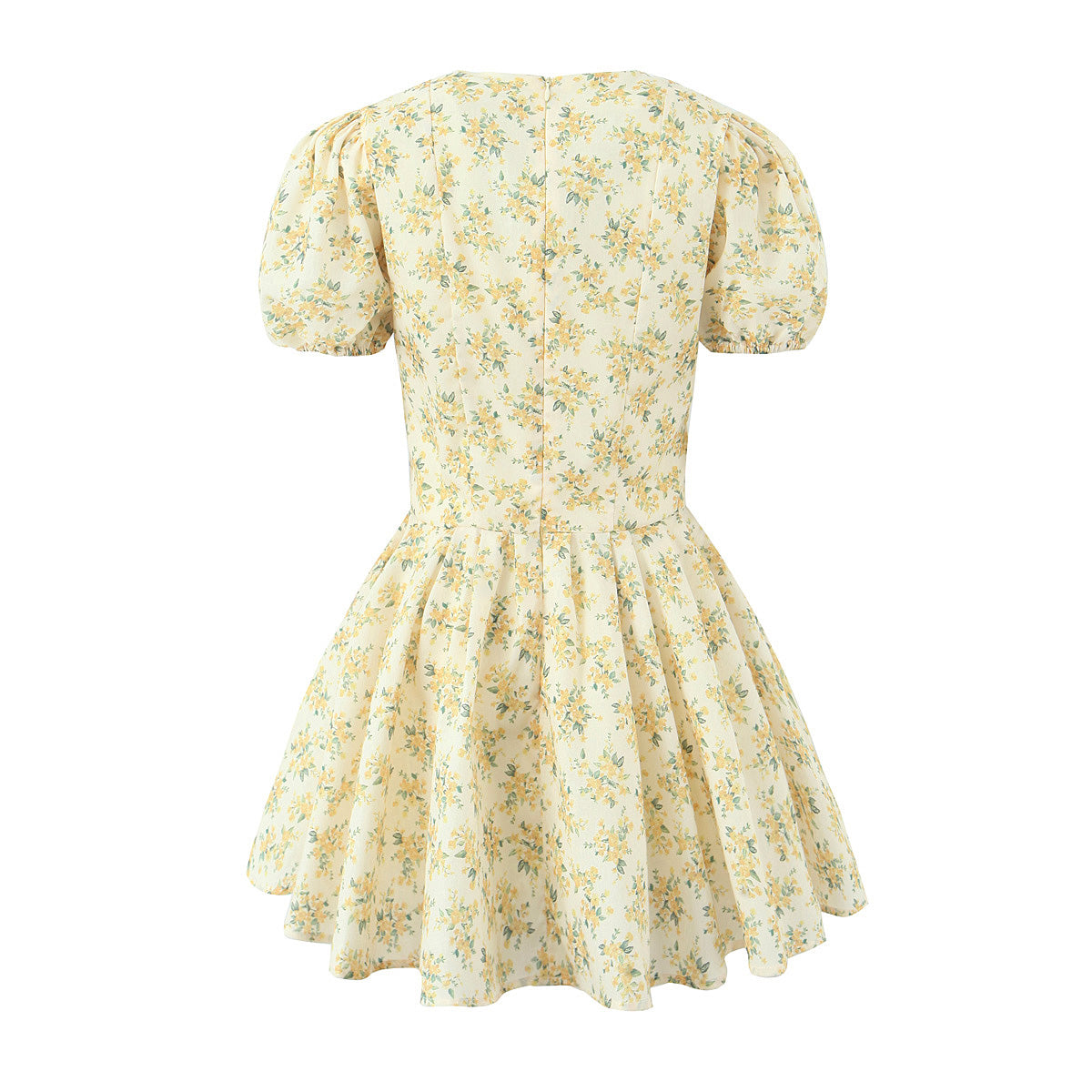 Robe d'été jaune douce à col en V et manches bouffantes pour femme, coupe A amincissante, taille basse