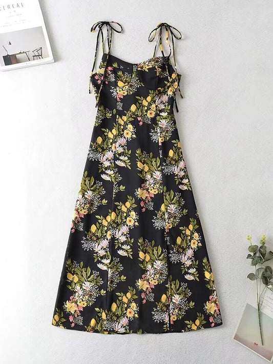 Summer Dress Gentle Printed Lace up Holiday Split Dress for Women