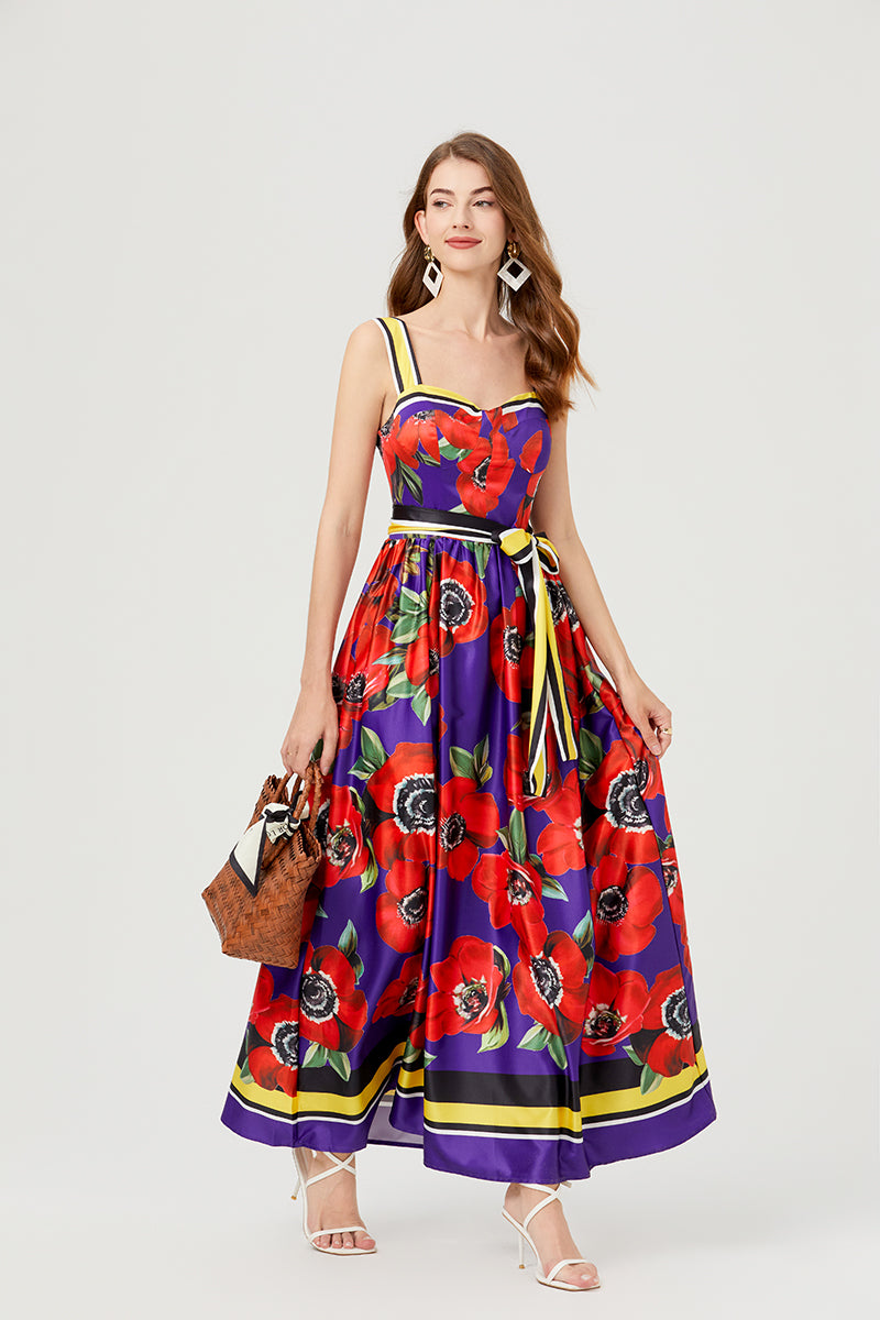 Women Summer Print Halter Dress Swing Maxi Dress