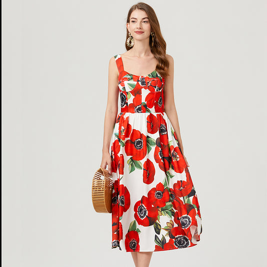 Vestido elegante de verano sin mangas con estampado floral y corte en A para mujer