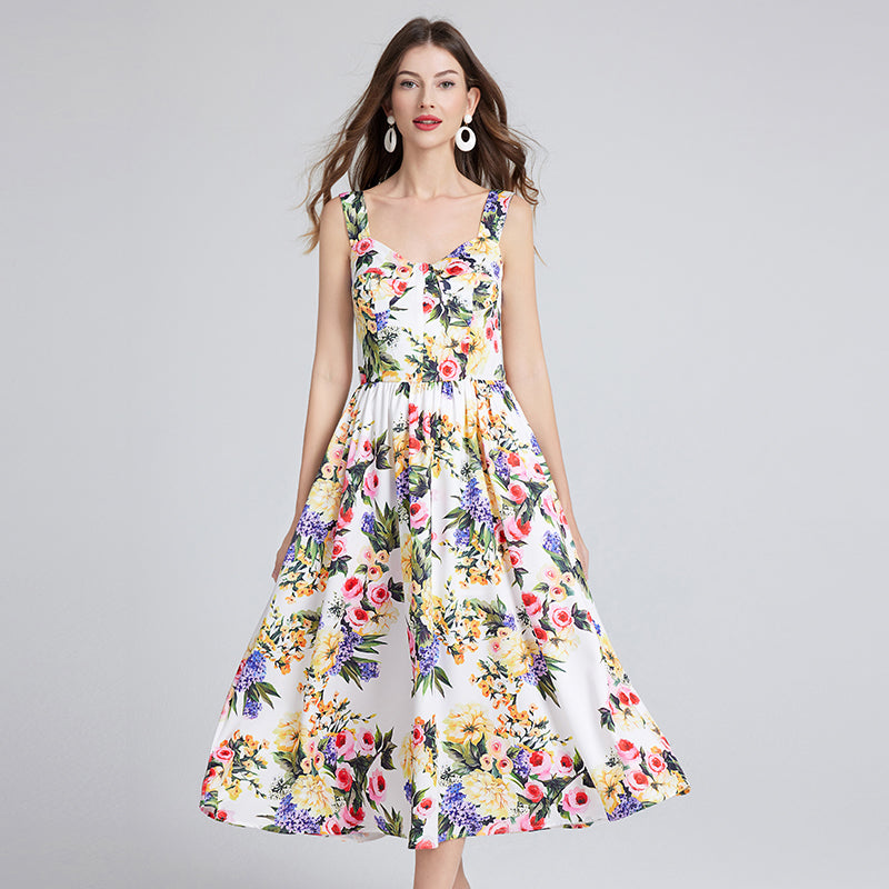 Women Summer Sleeveless Floral A Line Elegant Dress