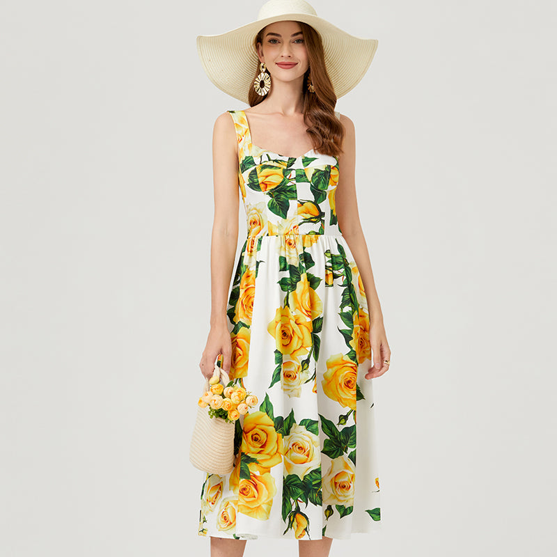 Vestido elegante de verano sin mangas con estampado floral y corte en A para mujer