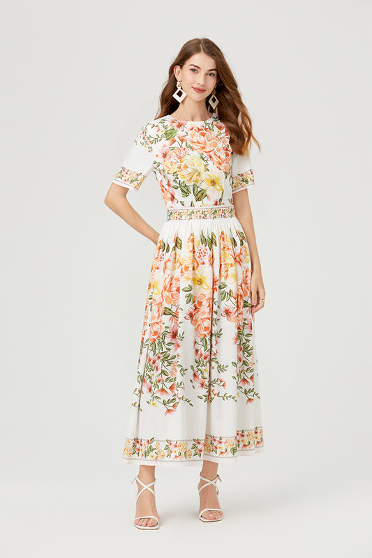 Robe d'été élégante à manches courtes et motif floral pour femme