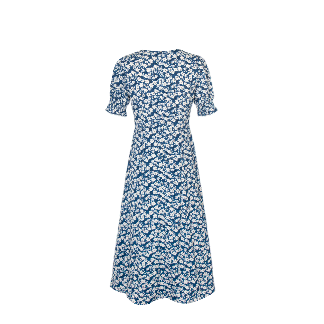 Robe longue décontractée à fleurs à fond bleu et à col carré sexy à manches bouffantes