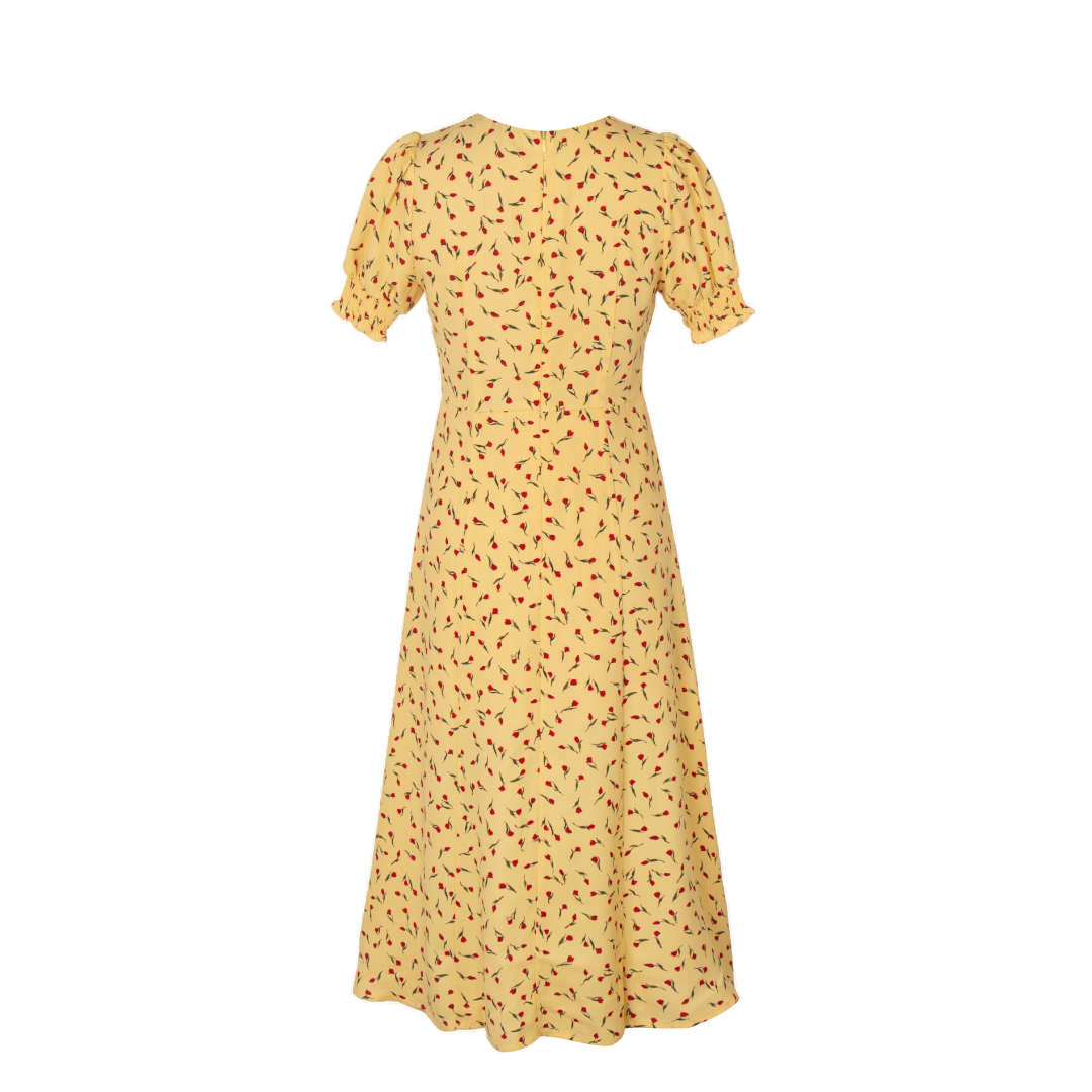 Robe mi-longue fendue en mousseline de soie à manches bouffantes et col carré jaune français pour femme, printemps, automne, été, pause thé, Platycodon Grandiflorum