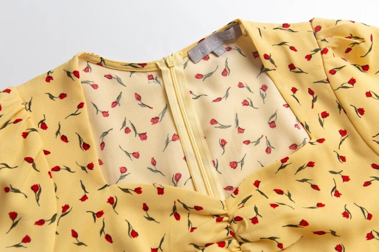 Robe mi-longue fendue en mousseline de soie à manches bouffantes et col carré jaune français pour femme, printemps, automne, été, pause thé, Platycodon Grandiflorum