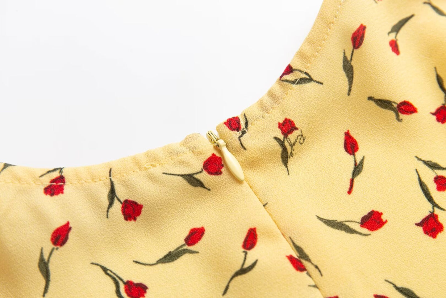 Robe mi-longue fendue en mousseline de soie à manches bouffantes et col carré jaune français pour femme, printemps, automne, été, pause thé, Platycodon Grandiflorum