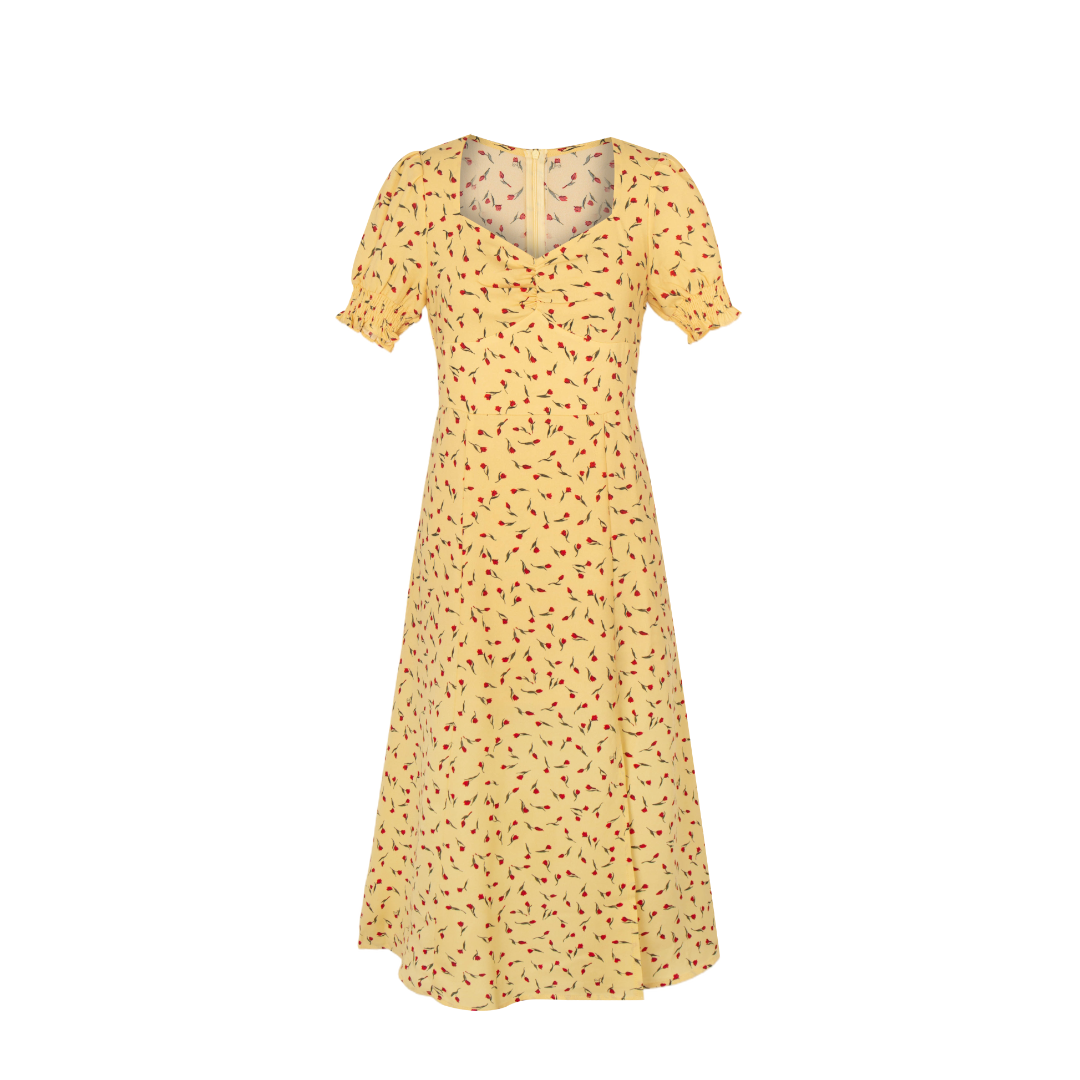 Robe mi-longue fendue en mousseline de soie à manches bouffantes et col carré jaune français pour femme, printemps, automne, été, pause thé, Platycodon Grandiflorum