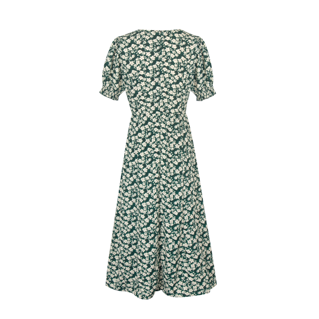 Robe de printemps sexy à col carré et épaules dénudées, manches bouffantes, imprimé floral avec fond vert