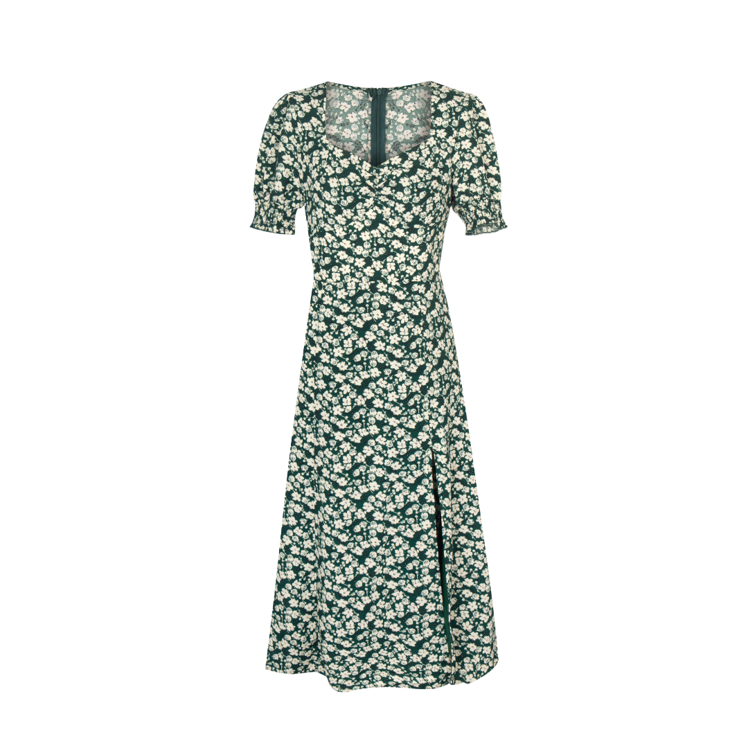 Robe de printemps sexy à col carré et épaules dénudées, manches bouffantes, imprimé floral avec fond vert