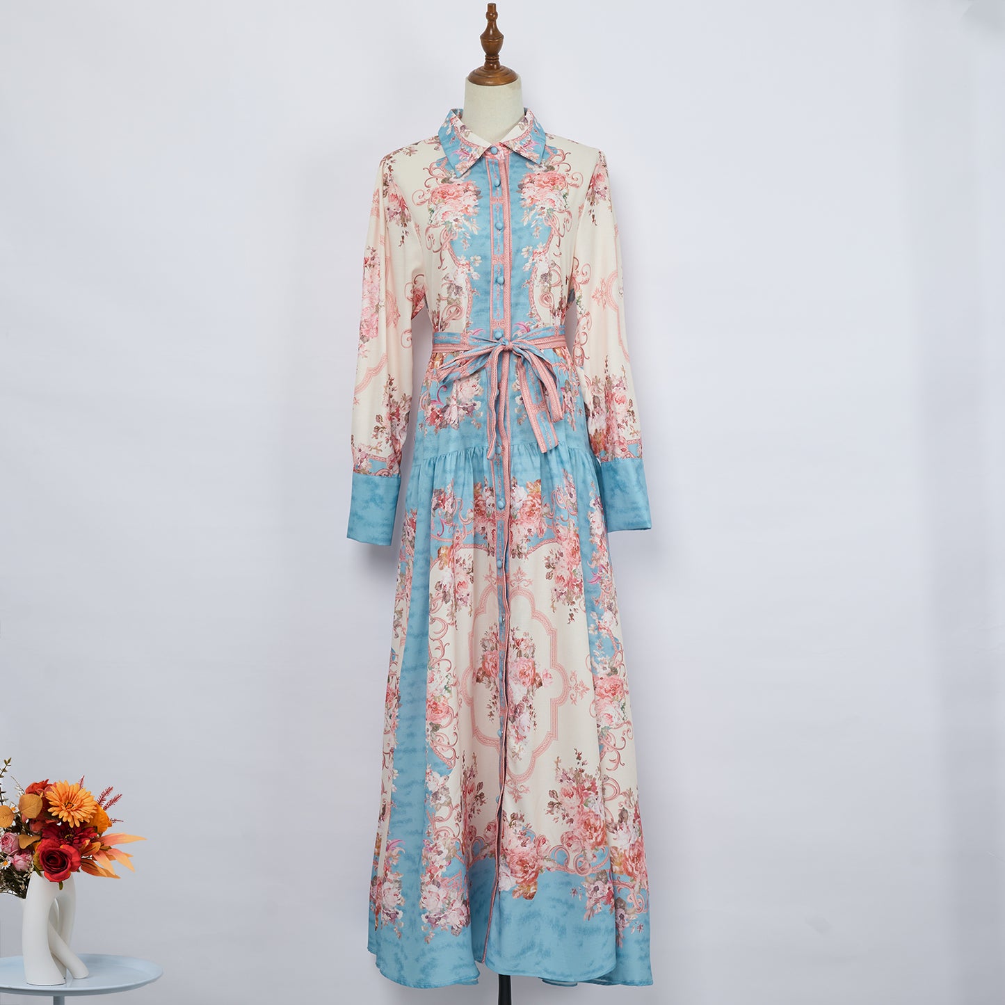 Women Spring Print Lapel Long Dress Lace Up Maxi Dress