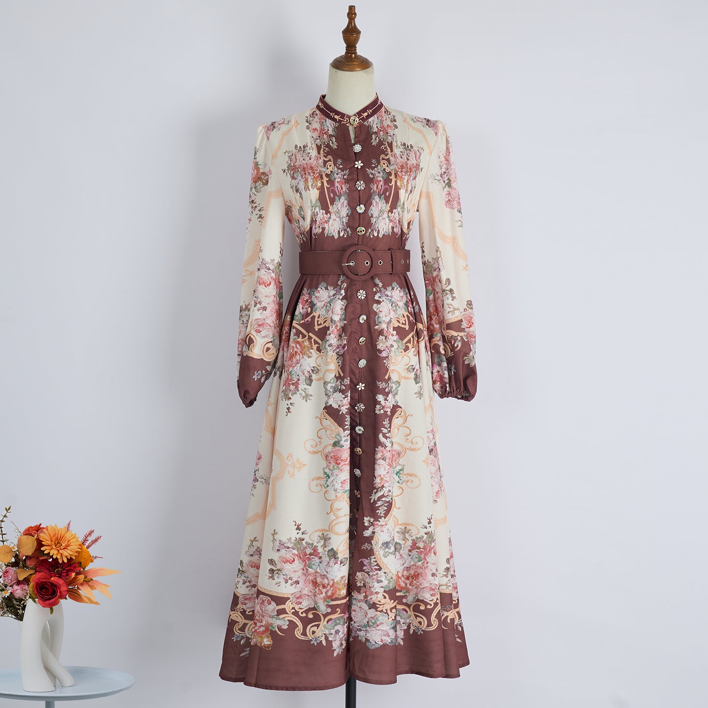 Women Spring And Autumn Flowers Daily Long Sleeve Maxi Dress