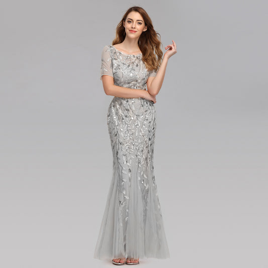 Robe de soirée en maille fine pour femmes, tenue de Banquet, à paillettes, en queue de poisson, été et automne