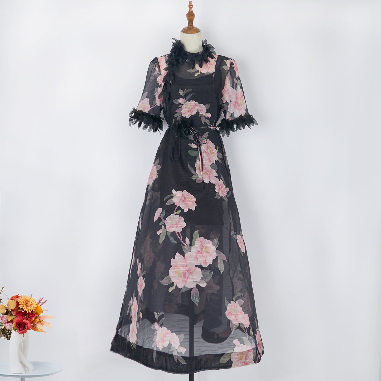 Vestido negro con estampado floral para mujer Vestido largo medio con cordones Organza