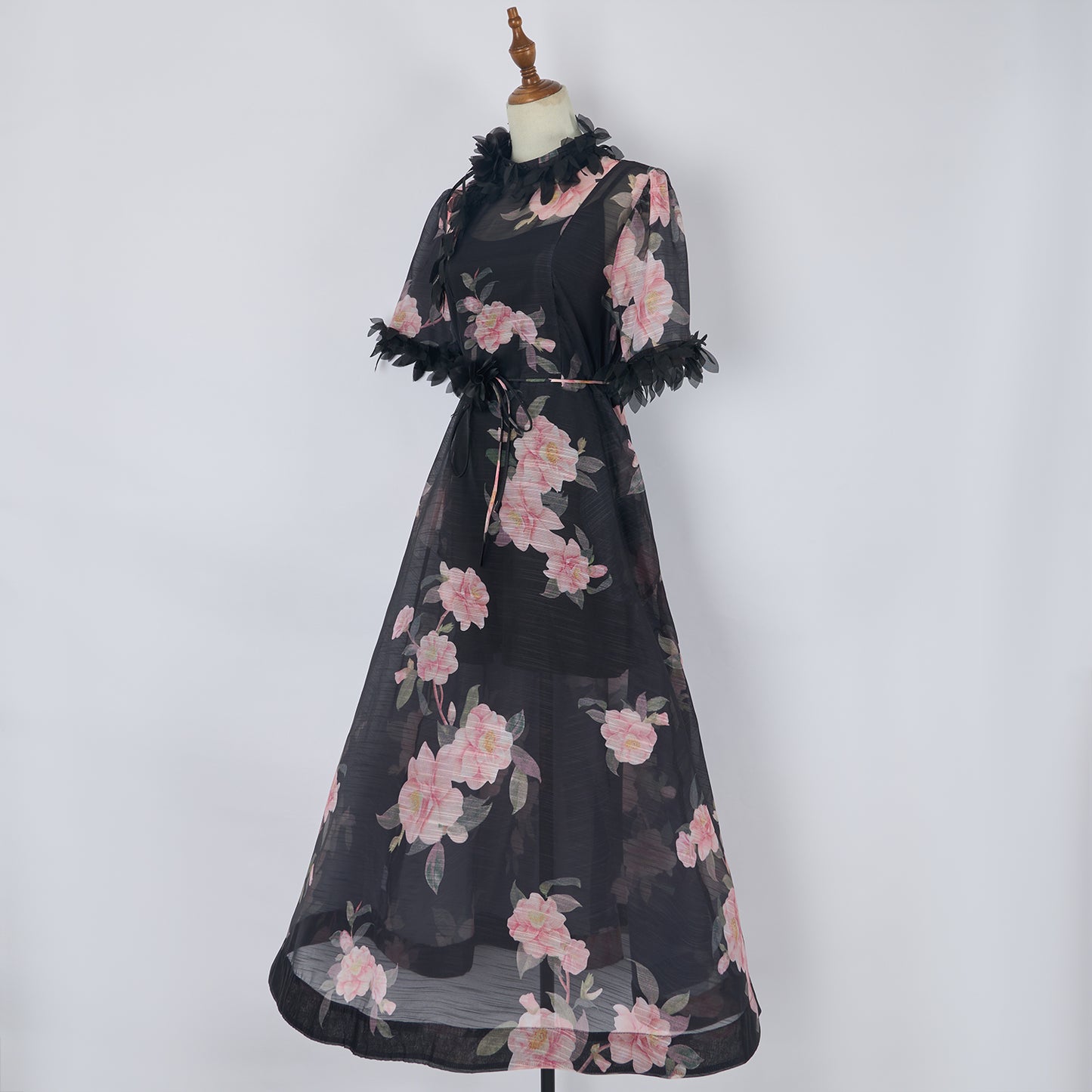 Vestido negro con estampado floral para mujer Vestido largo medio con cordones Organza