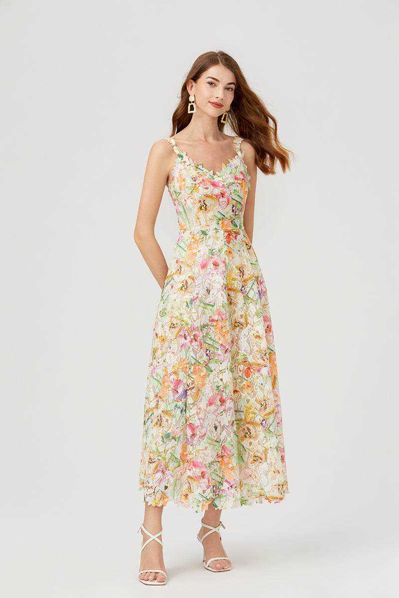 Vestido lencero bordado hueco de flores para mujer Vestido de encaje