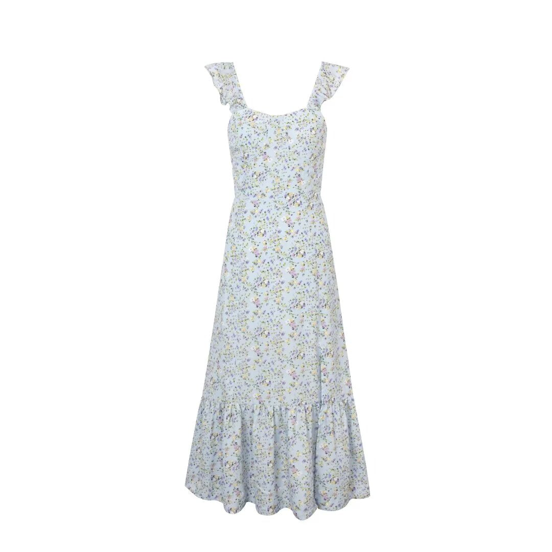 Robe mi-longue à fleurs fraîches et douces, coupe ajustée, pour vacances en bord de mer, col carré, oreilles en bois, sans manches, gilet, robe pour femmes