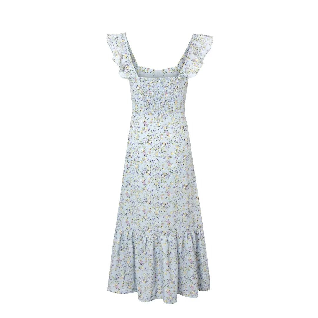 Robe mi-longue à fleurs fraîches et douces, coupe ajustée, pour vacances en bord de mer, col carré, oreilles en bois, sans manches, gilet, robe pour femmes