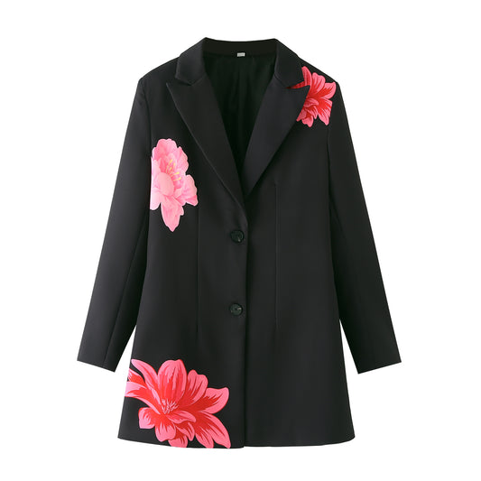 Blazer slim à simple boutonnage à imprimé floral pour femme, all-match, printemps