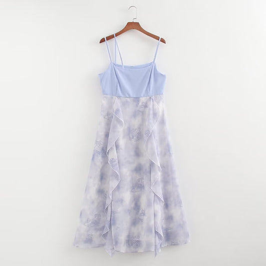 Summer Low Collar Sleeveless Stitching Printing Slip Dress Women