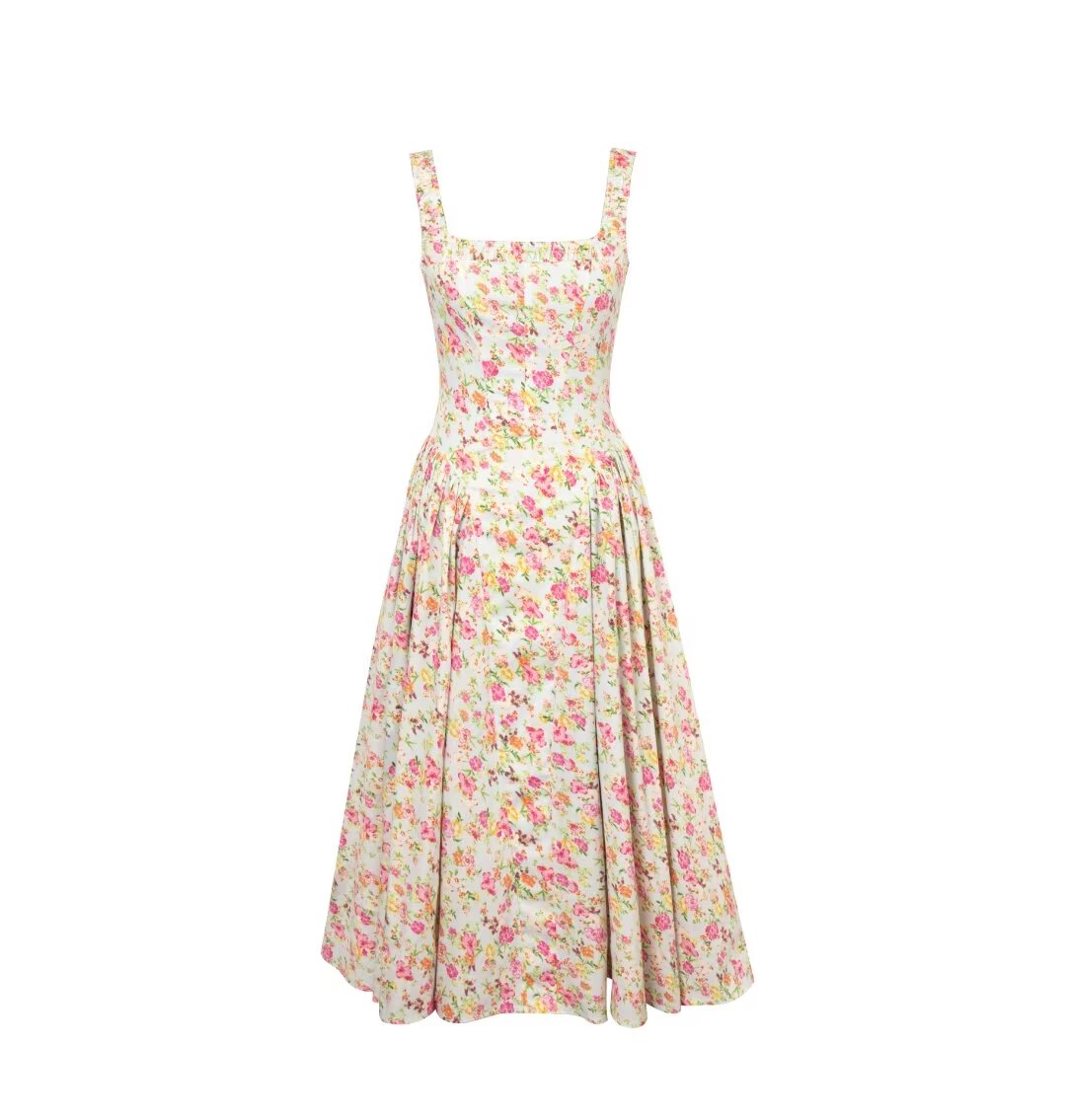 Ropa de verano para mujer Vestido con tirantes en la cintura ajustado floral vintage francés