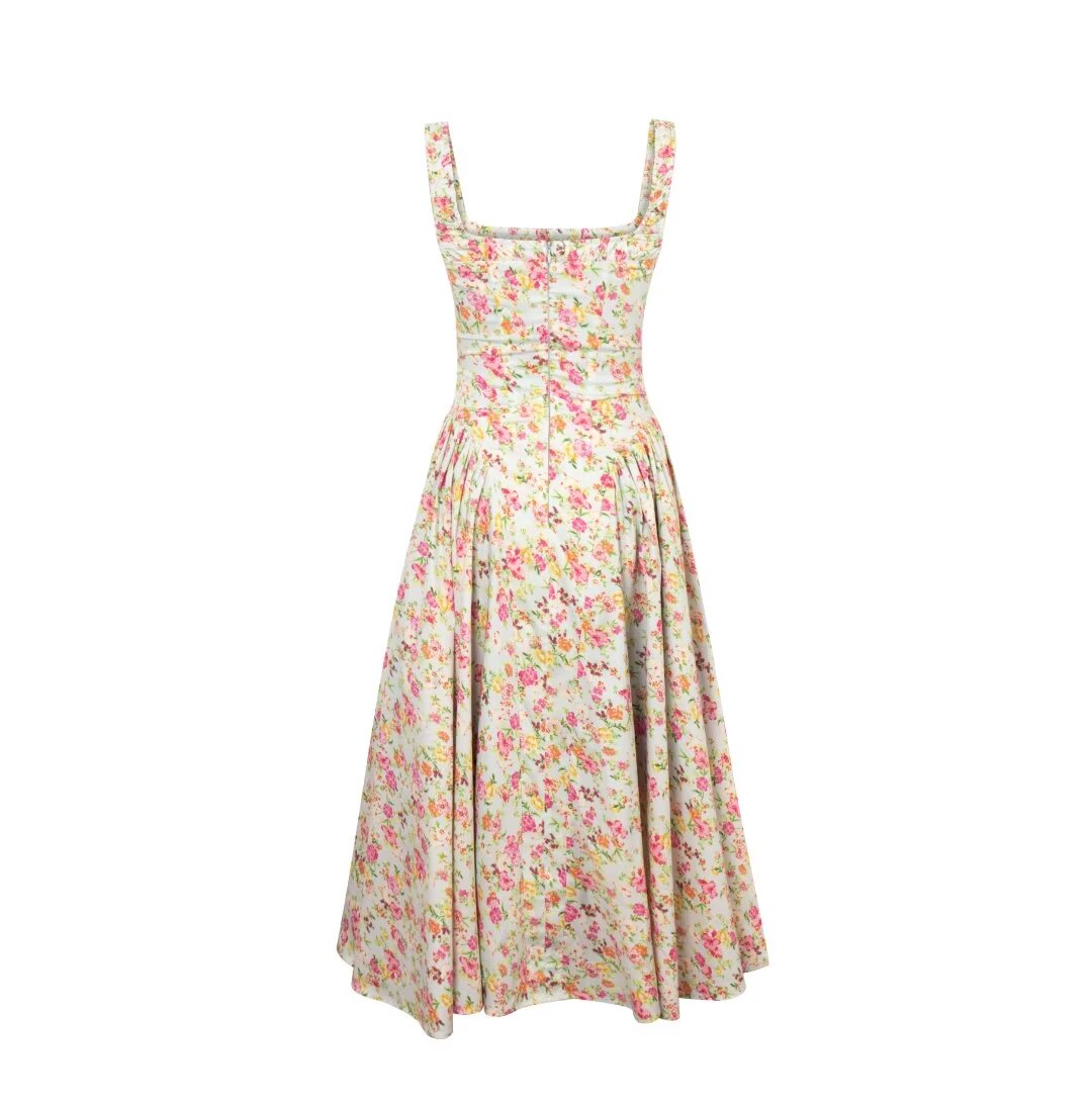 Ropa de verano para mujer Vestido con tirantes en la cintura ajustado floral vintage francés