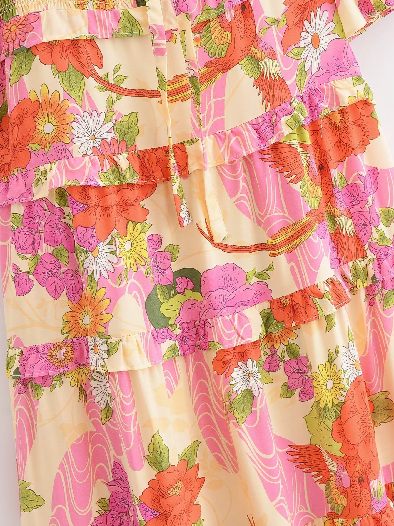 Vestido de pastel de manga corta floral de rayón de primavera para mujer