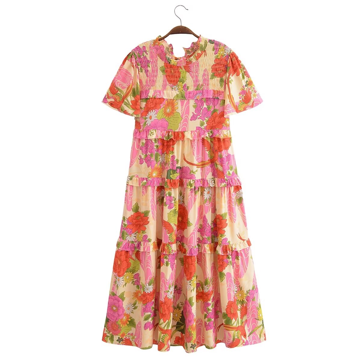 Vestido de pastel de manga corta floral de rayón de primavera para mujer