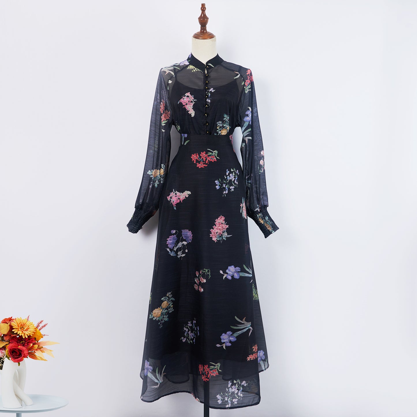 Women Spring Floral Elegant Button Long Skirt Three Piece Set