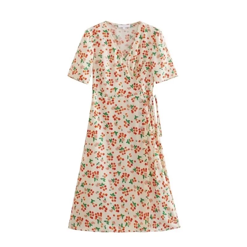 Mujer Ropa Vestido de elegancia francesa con cuello en V cruzado y estampado floral de cerezas Little Daisy