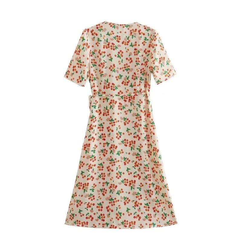 Mujer Ropa Vestido de elegancia francesa con cuello en V cruzado y estampado floral de cerezas Little Daisy