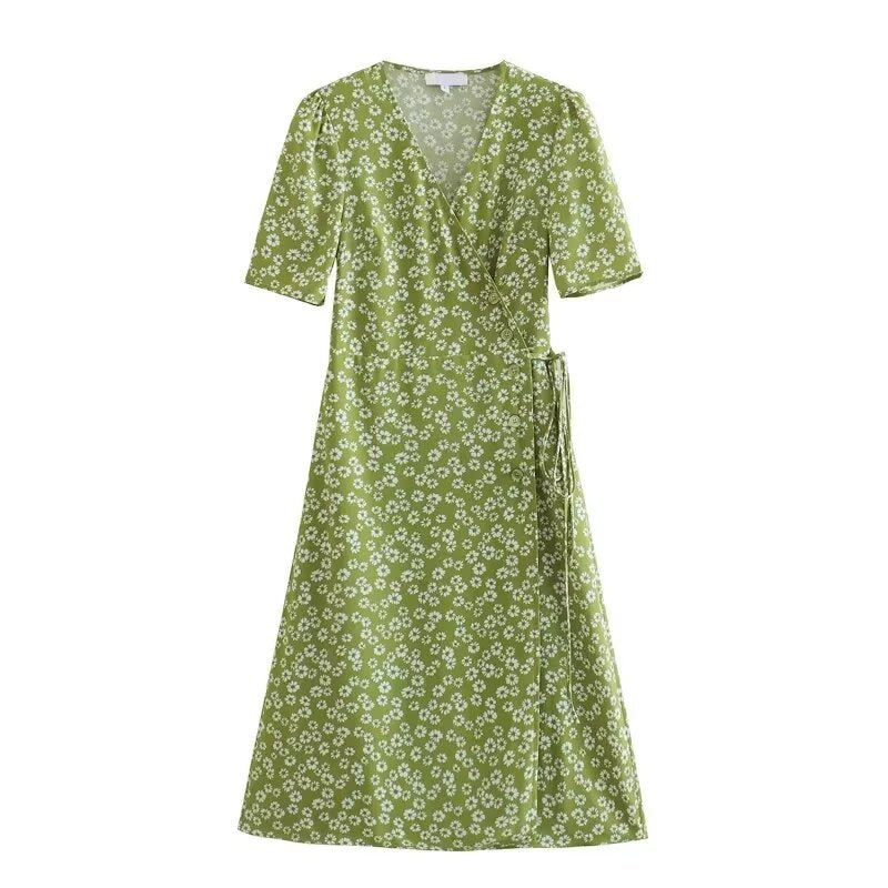 Mujer Ropa Vestido de elegancia francesa con cuello en V cruzado y estampado floral de cerezas Little Daisy