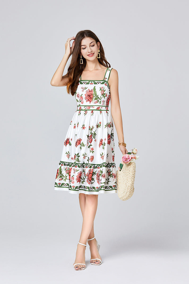 Summer Positioning Print Slim Fit Sling Dress