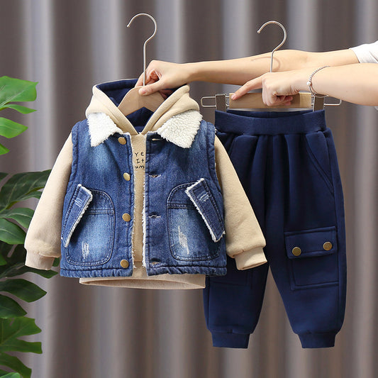 Boys and girls children's autumn and winter jeans Plush suit