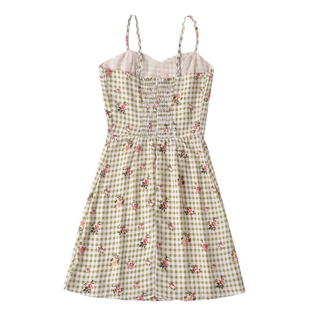 Robe à carreaux imprimé pastoral français, robe trapèze fraîche et douce pour filles, coupe cintrée, été