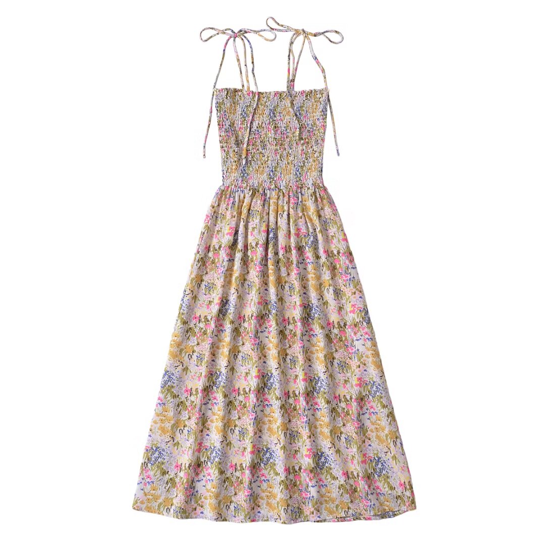 Robe d'été à taille élastique et à imprimé floral vintage français